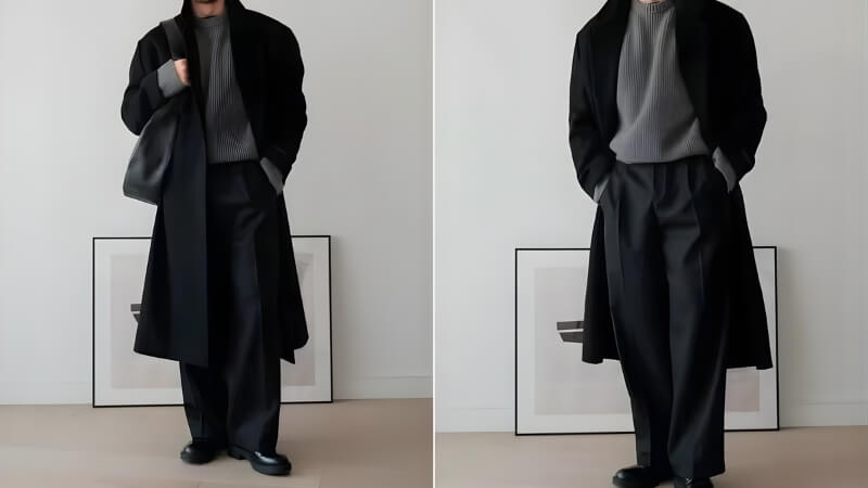 Áo len cổ lọ + áo dạ dài + quần âu + boots Chelsea