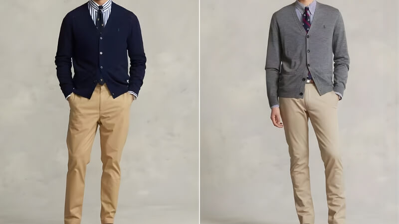 Áo len cardigan + áo sơ mi + quần kaki + giày lười