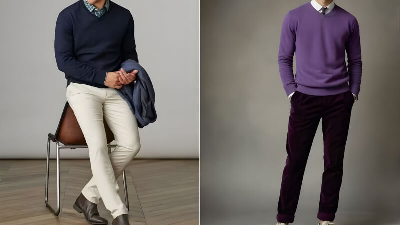 Áo len cổ chữ V + áo sơ mi + cà vạt + quần tây + giày tây