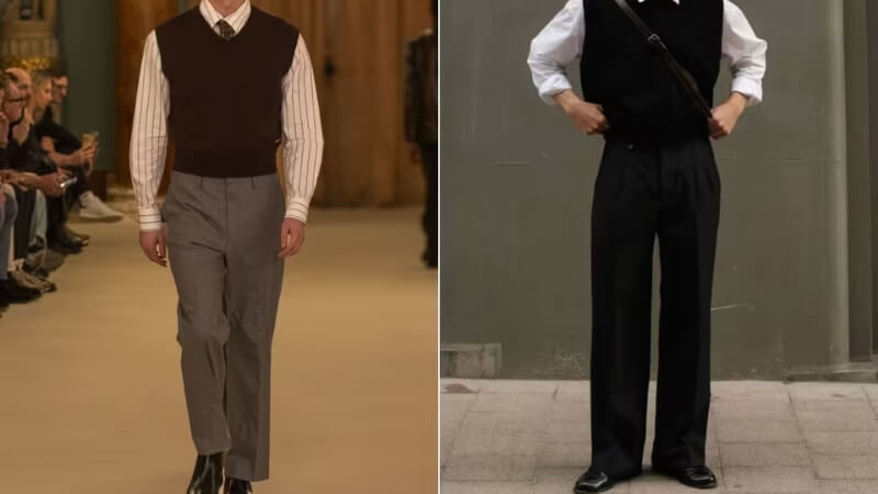 Áo len gile + áo sơ mi + quần âu/kaki + giày lười