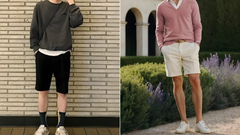 Áo len basic + quần short + sneaker