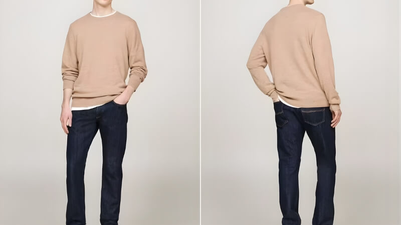 Áo len cổ tròn + áo thun + quần jean + giày sneaker