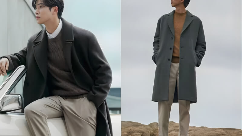 Áo sơ mi + áo len + áo khoác + quần jean/kaki + giày sneaker/boots