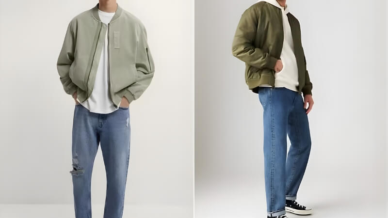 Áo len cổ tròn + áo bomber + quần jeans rách + sneaker