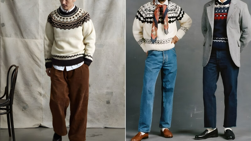 Áo len họa tiết + quần chinos + giày loafer