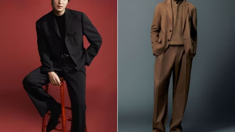 Áo len cổ lọ + blazer + quần âu + giày tây