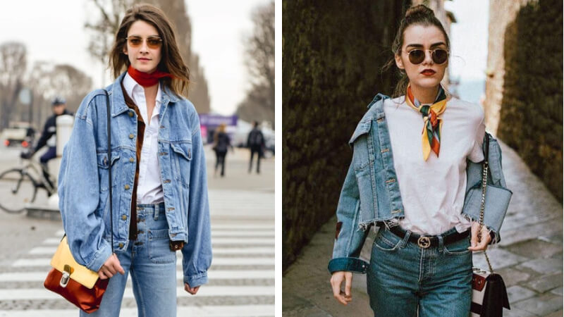 Cách mix khăn lụa với áo denim
