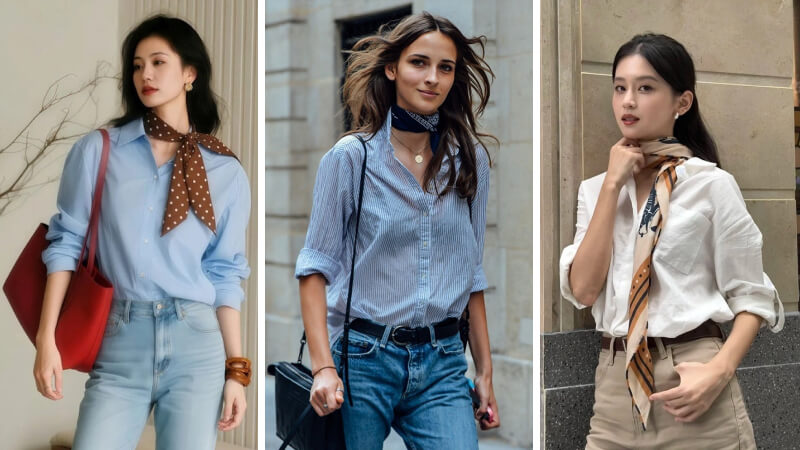 Cách mix khăn lụa với áo sơ mi