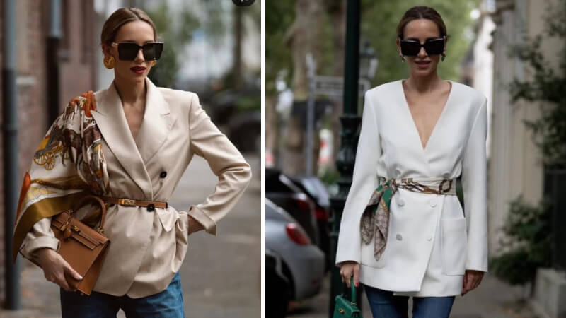 Phối đồ với khăn lụa cùng áo blazer