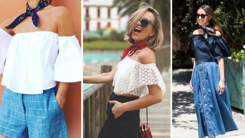 Khăn lụa mix cùng áo trễ vai