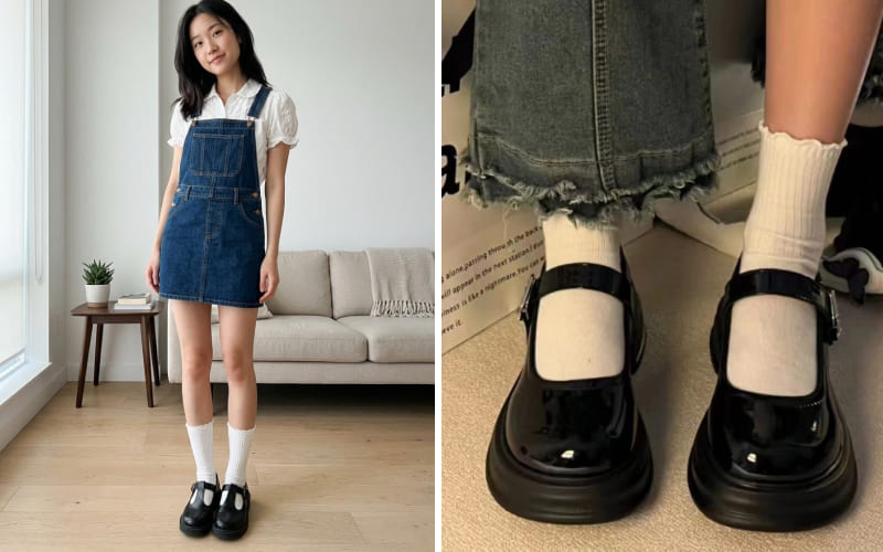 Phối với váy yếm Denim và tất cao cổ