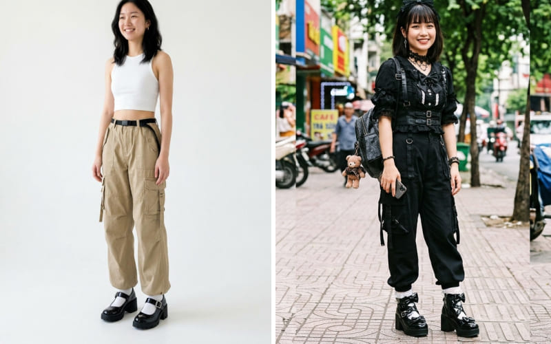 Phối cùng quần Cargo túi hộp đầy phá cách