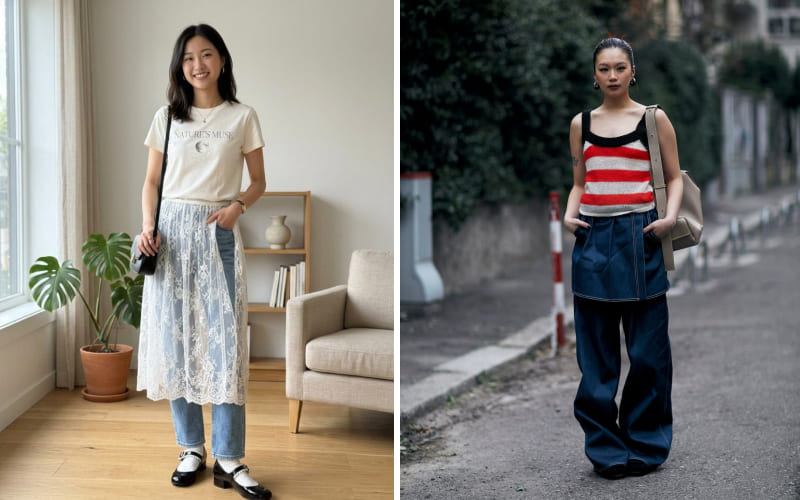 Phong cách "Skirt over Pants" (Váy mặc ngoài quần)