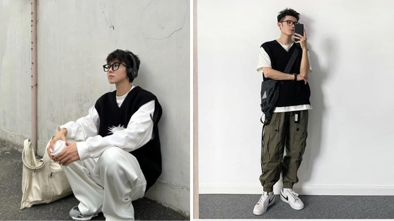 Gile phối áo thun dài tay, quần jean/túi hộp