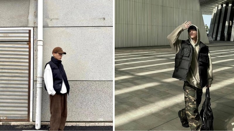 Phao gile nam phối áo nỉ và quần nhung tăm