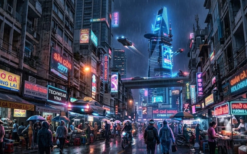 Prompt cyberpunk nhấn mạnh công nghệ, ánh sáng neon tương lai