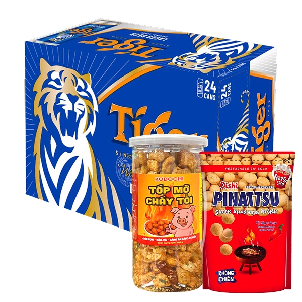 24 lon Tiger 330ml & Tóp mỡ cháy tỏi & Snack nhân đậu phộng