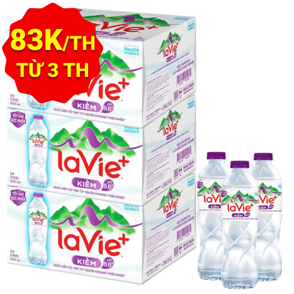 3 thùng 24 chai nước kiềm có khoáng La Vie+ 500ml