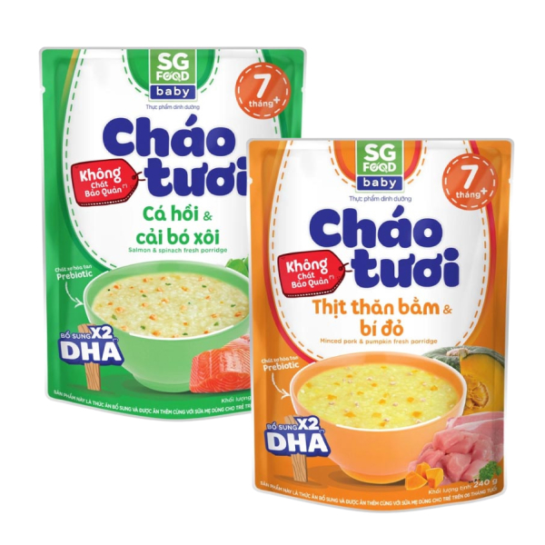 Combo 2 gói cháo tươi cá hồi và cải bó xôi & thịt thăn bằm bí đỏ SG Food Baby 240g