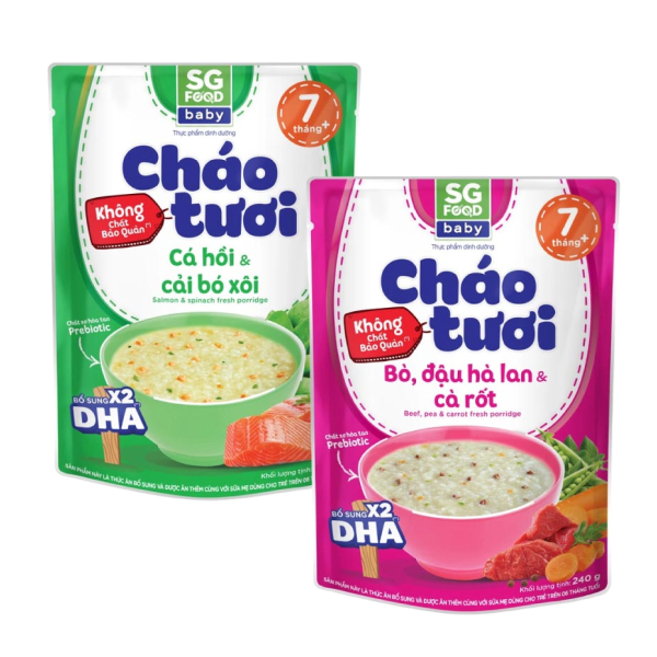 Combo 2 gói cháo tươi bò, đậu Hà Lan, cà rốt và cá hồi và cải bó xôi SG Food Baby 240g