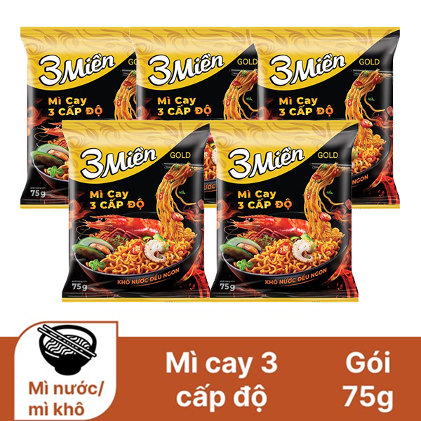 5 gói mì 3 Miền Gold cay 3 cấp độ 75g