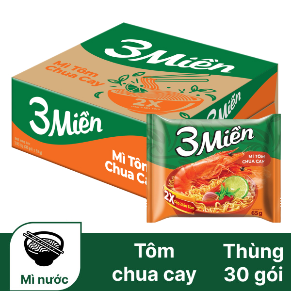 Thùng 30 gói mì 3 Miền tôm chua cay 65g