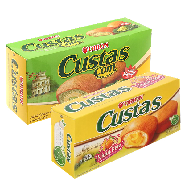 Bánh kem trứng Custas 141g và Bánh bông lan kem cốm Custas 138g