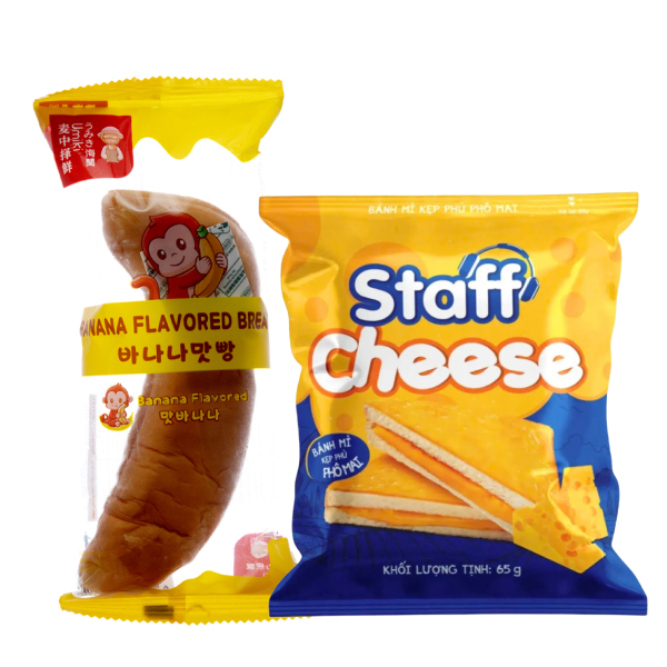 Bánh mì Staff 65g và Bánh mì chuối Umiki 58g
