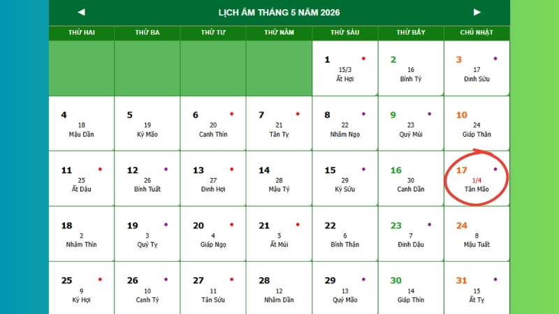 Ngày 17/05/2026 tức 01/04 Âm lịch - Mùng 1 đầu tháng