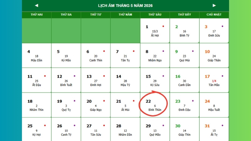 Thứ Sáu, ngày 22/05/2026 tức 06/04 Âm lịch