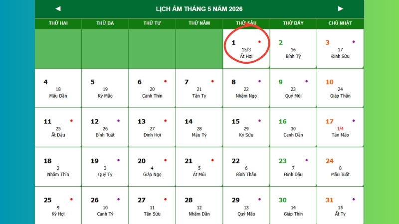 Ngày 01/05/2026 tức 15/03 Âm lịch - Ngày Rằm