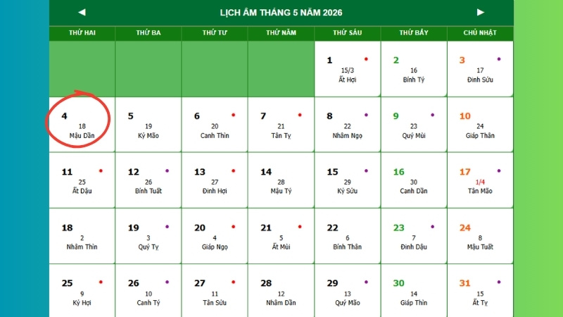 Thứ Hai, ngày 04/05/2026 tức 18/03 Âm lịch