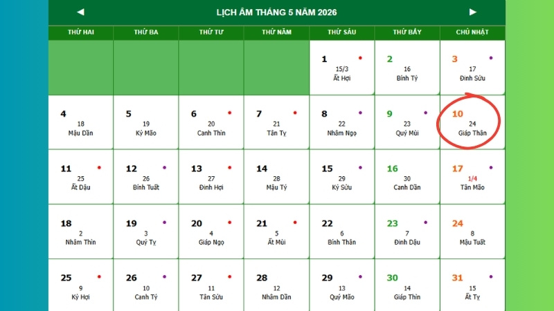 Chủ Nhật, ngày 10/05/2026 tức 24/03 Âm lịch