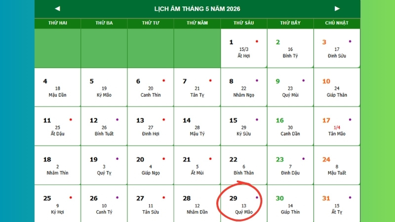 Thứ Sáu, ngày 29/05/2026 tức 13/04 Âm lịch