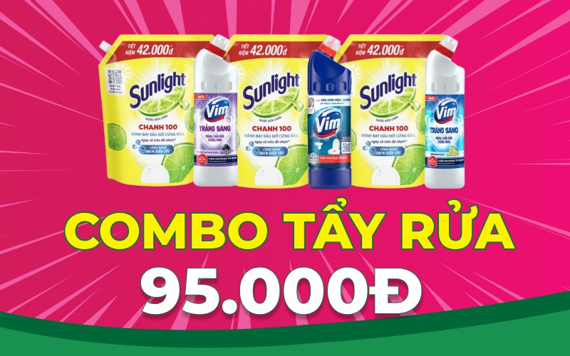 Ưu đãi Combo: Nước rửa chén Sunlight và Tẩy vệ sinh Vim chỉ 95k