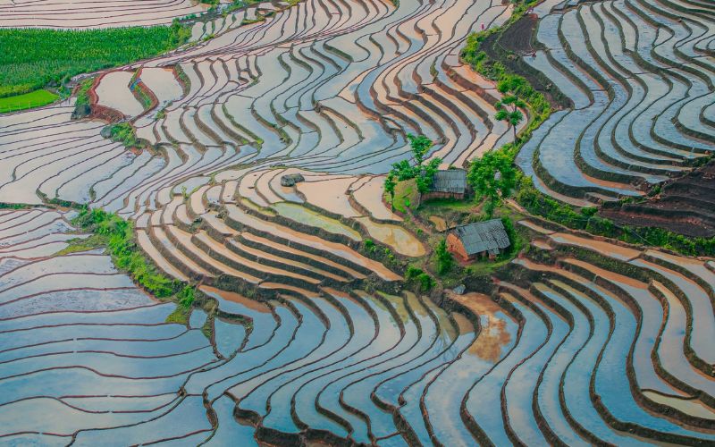 Mùa nước đổ ở Y Tý nổi bật với ruộng bậc thang phản chiếu trời mây.