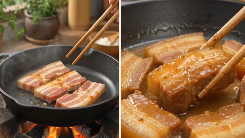 Chiên áp chảo săn thịt và khìa nước dừa