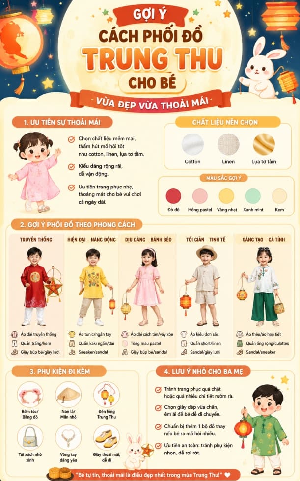 Gợi ý cách phối đồ Trung Thu cho bé vừa đẹp vừa thoải mái