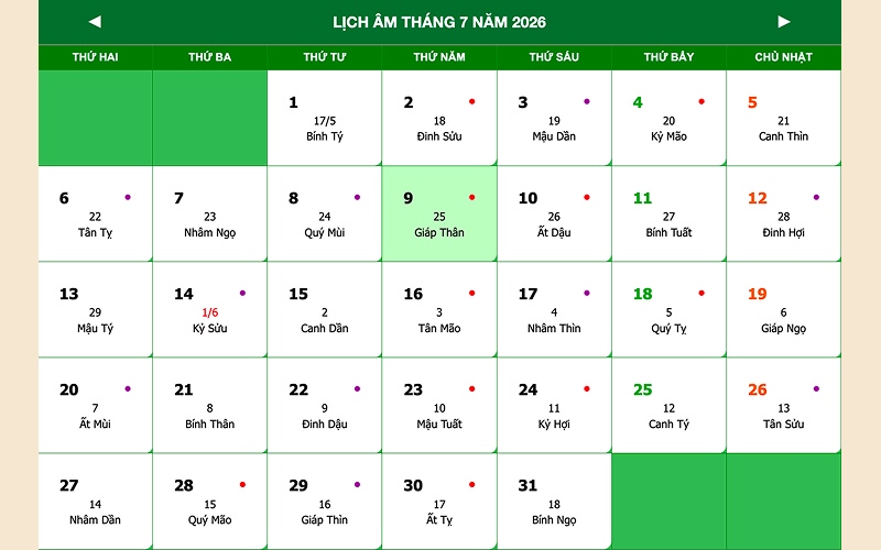 Danh sách ngày tốt chuyển nhà tháng 7 năm 2026