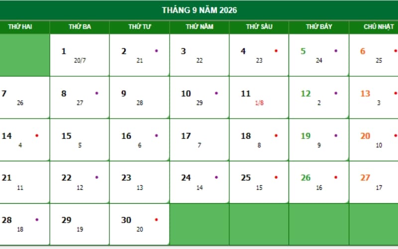 Trình bày lịch âm tháng 7 năm 2026 đầy đủ và chi tiết.