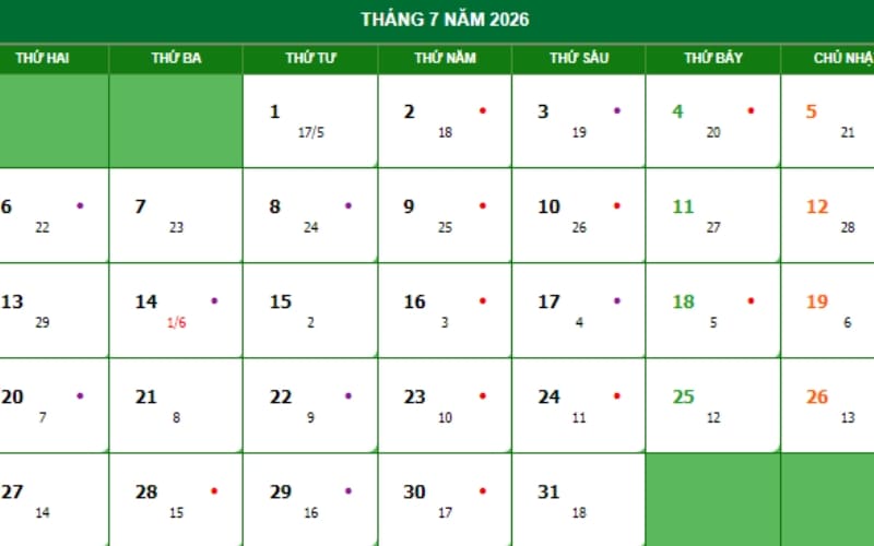 Cung cấp thông tin số ngày trong tháng 7/2026 dương lịch rõ ràng đầy đủ.