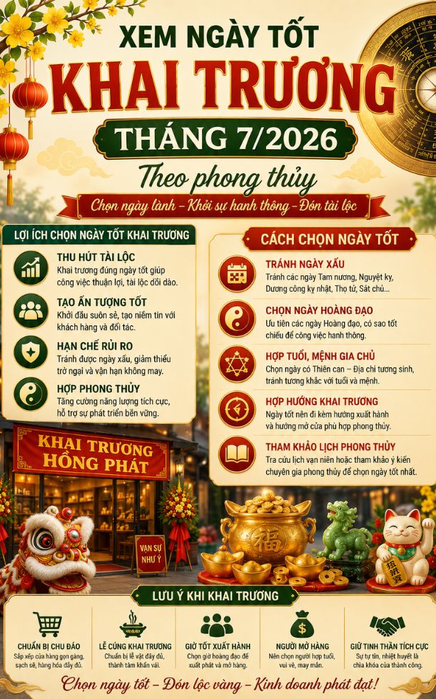 Xem ngày tốt khai trương tháng 7/2026 theo phong thủy