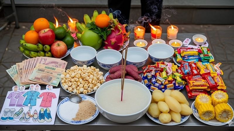 Đặt bát nhang ở chính giữa, rồi xếp lần lượt cháo, bánh trái và vàng mã xung quanh