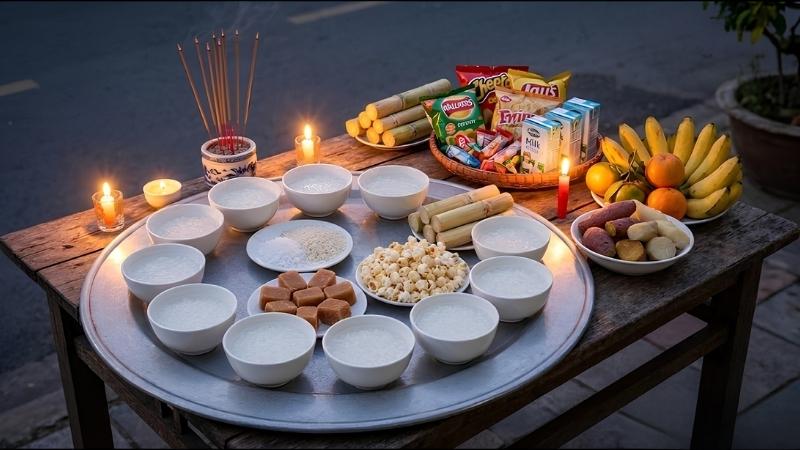 Bày bát nhang giữa, xếp cháo, trái cây, bánh kẹo và tiền vàng đều xung quanh mâm