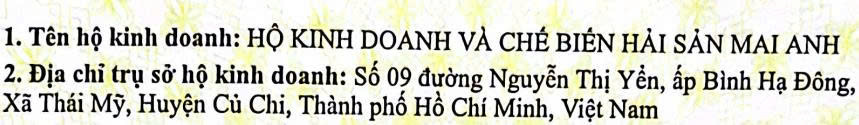 HỘ KINH DOANH VÀ CHẾ BIẾN HẢI SẢN MAI ANH