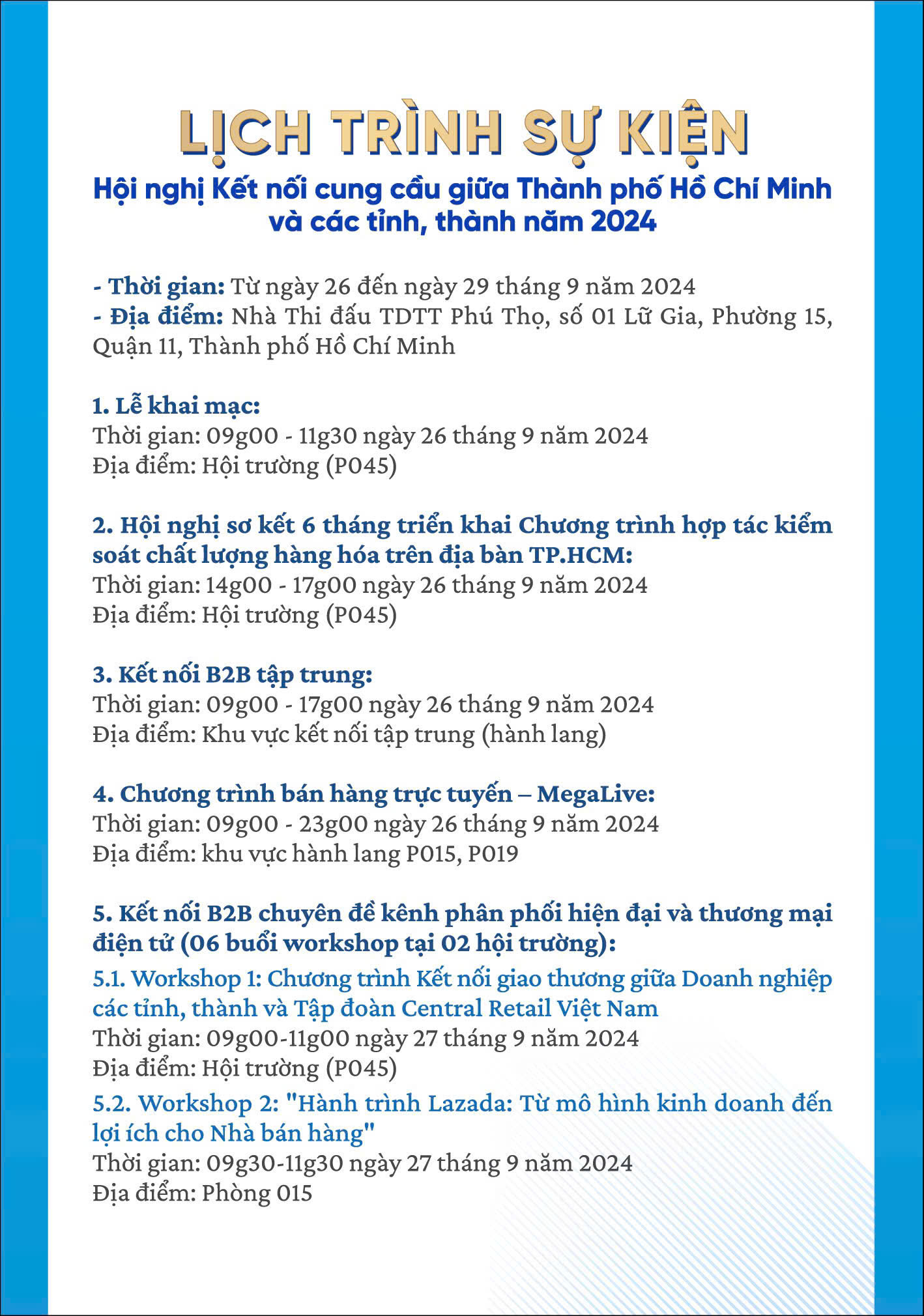 Lịch trình sự kiện Hội nghị kết nối cung cầu giữa Thành phố Hồ Chí Minh và các tỉnh, thành năm 2024