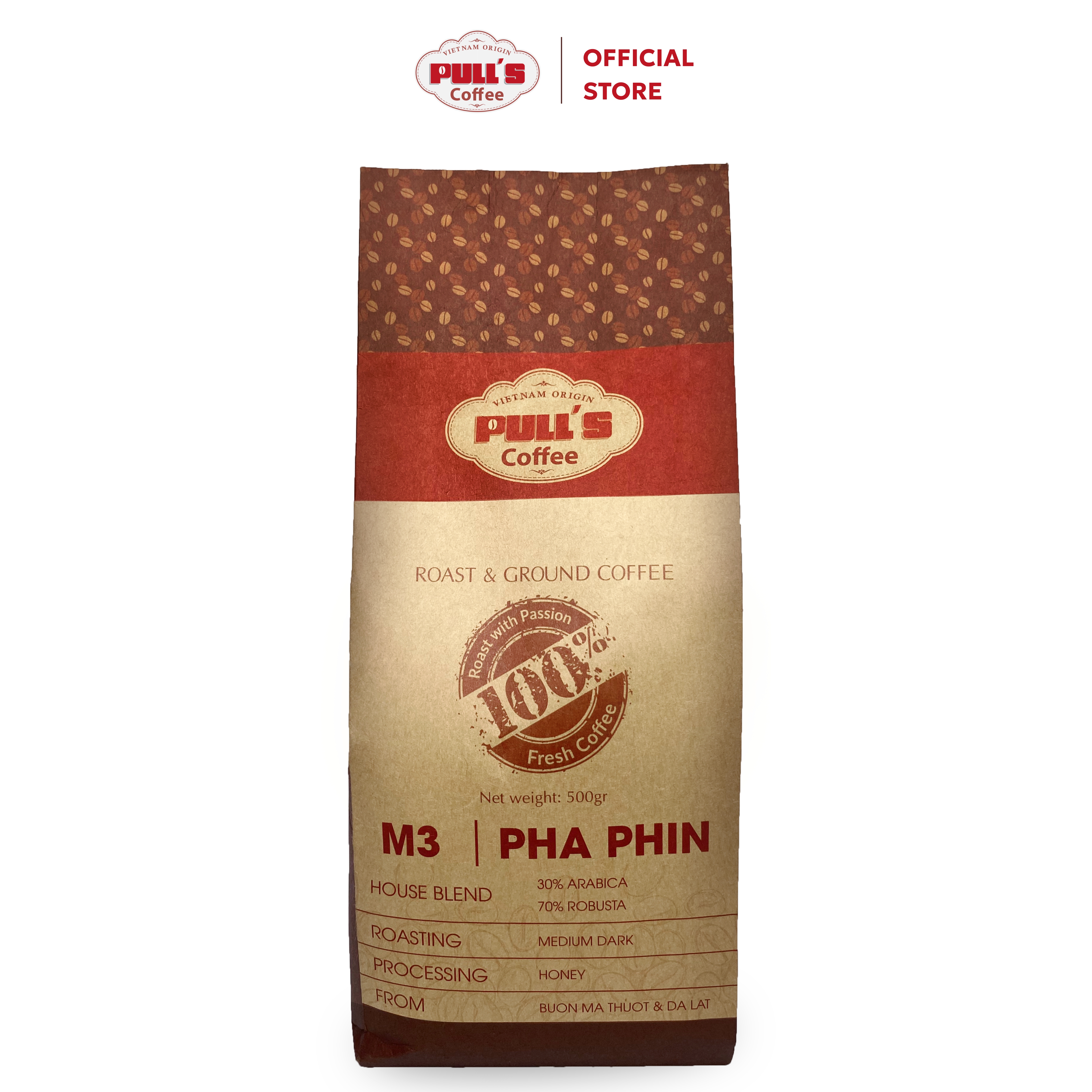 Cà Phê Pha Phin Nguyên Chất M3 Cà Phê Pulls - Rang Mộc 70 Robusta 30 Arabica - 500gr