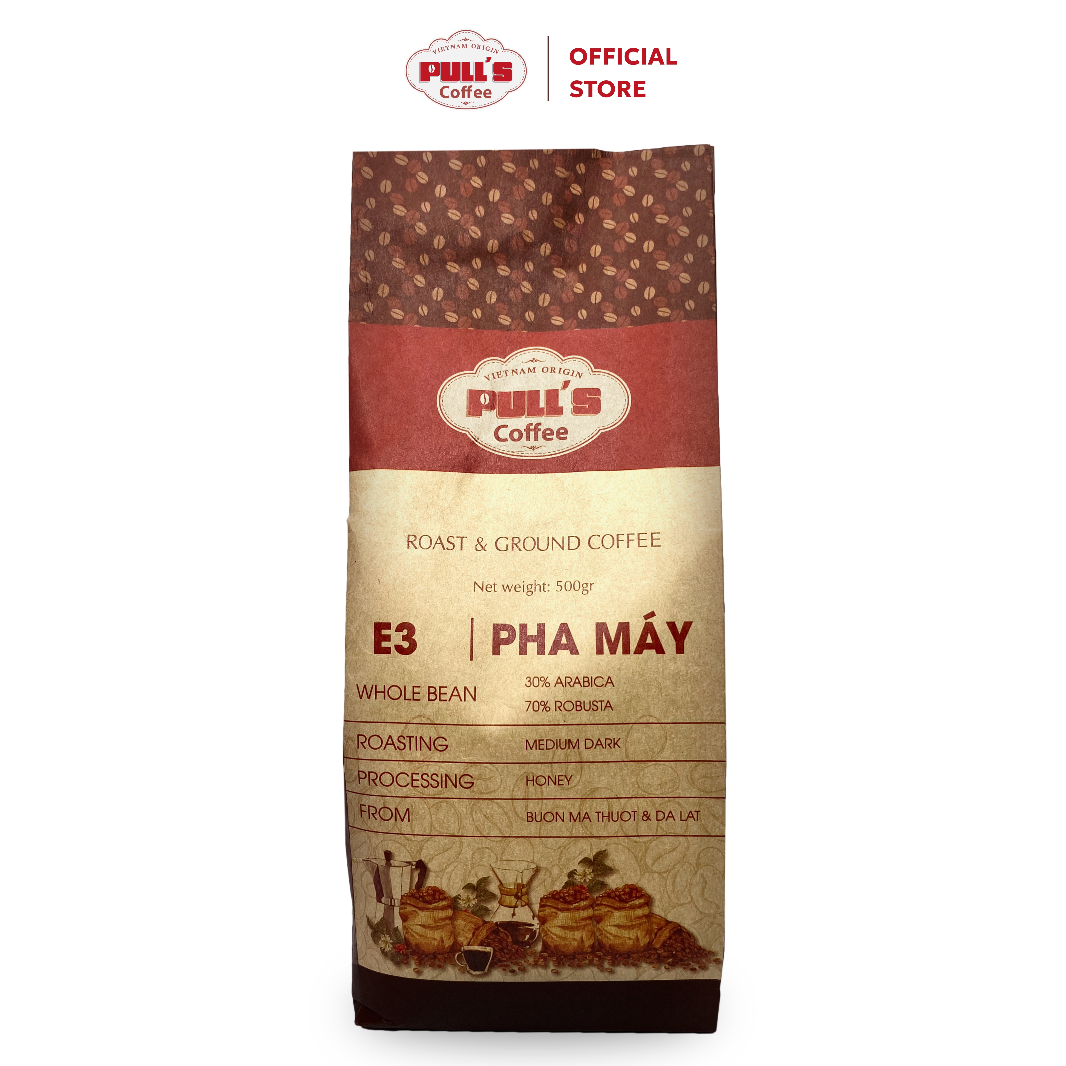 Cà Phê Pha Máy Nguyên Chất E3 Cà Phê Pulls - Rang Mộc 70 Robusta 30 Arabica - 500gr