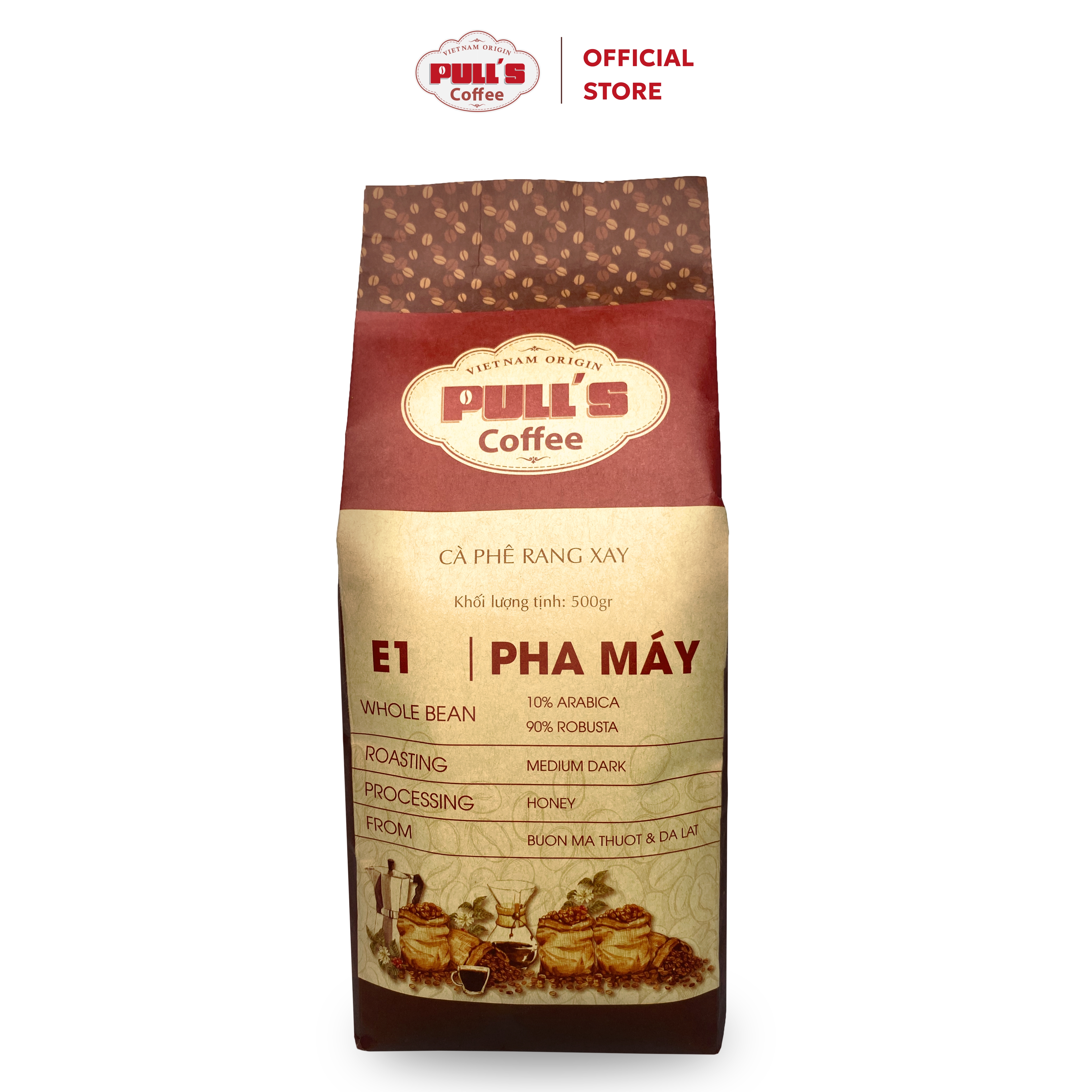 Cà Phê Pha Máy Nguyên Chất E1 Cà Phê Pulls - Rang Mộc 90 Robusta 10 Arabica - 500gr