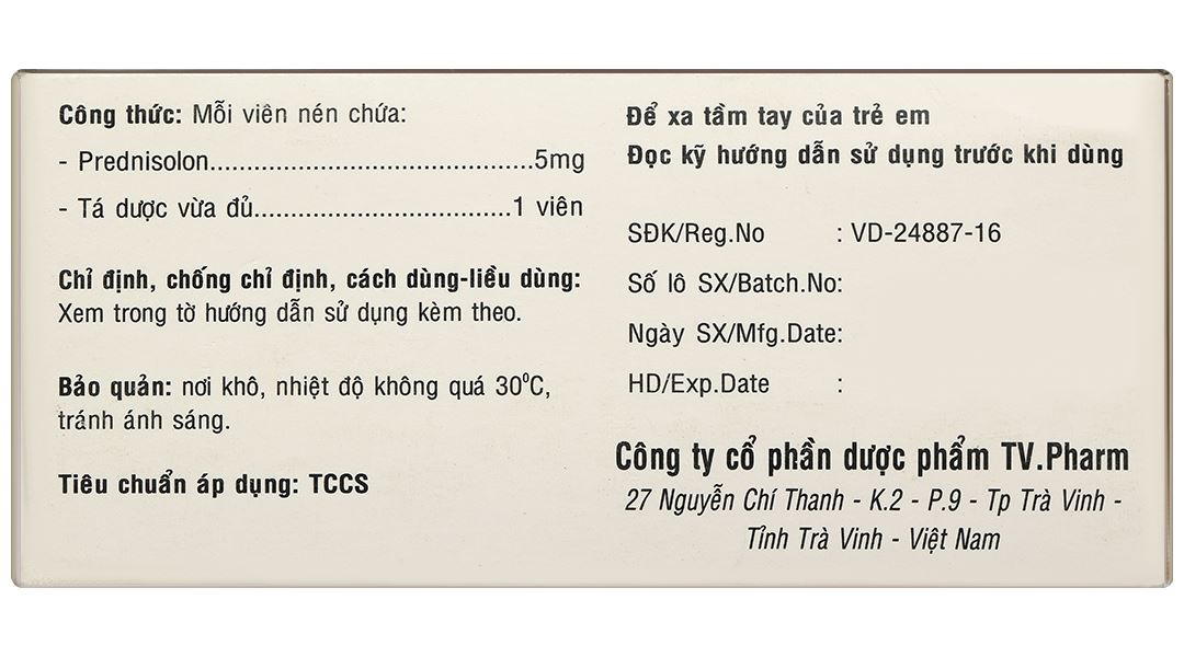 Prednisolone 5mg TV.Pharm chống viêm và ức chế miễn dịch
